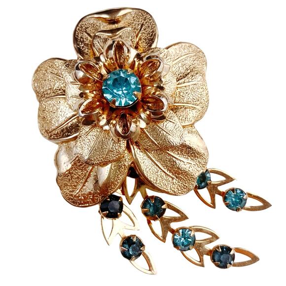 VTG 1940s Brooch Gold Tone Blue Rhinestone Layered Floral Spray Mid Century - Picture 1 of 10